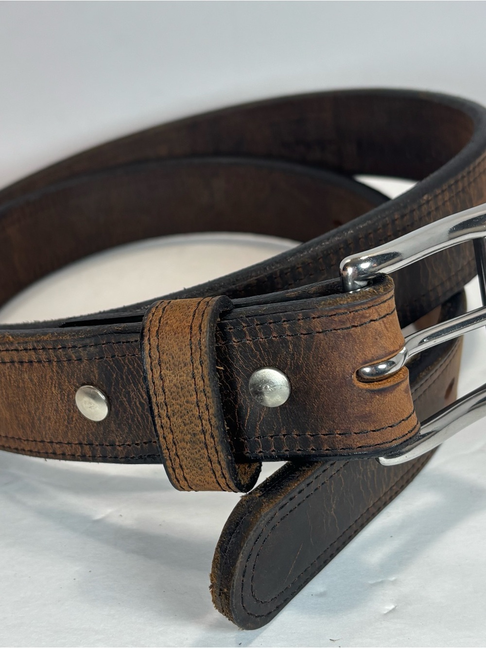 Vtg Hanks Brown Bison Full Grain Leather Belt Sz 44 Thick Everyday Western 52”